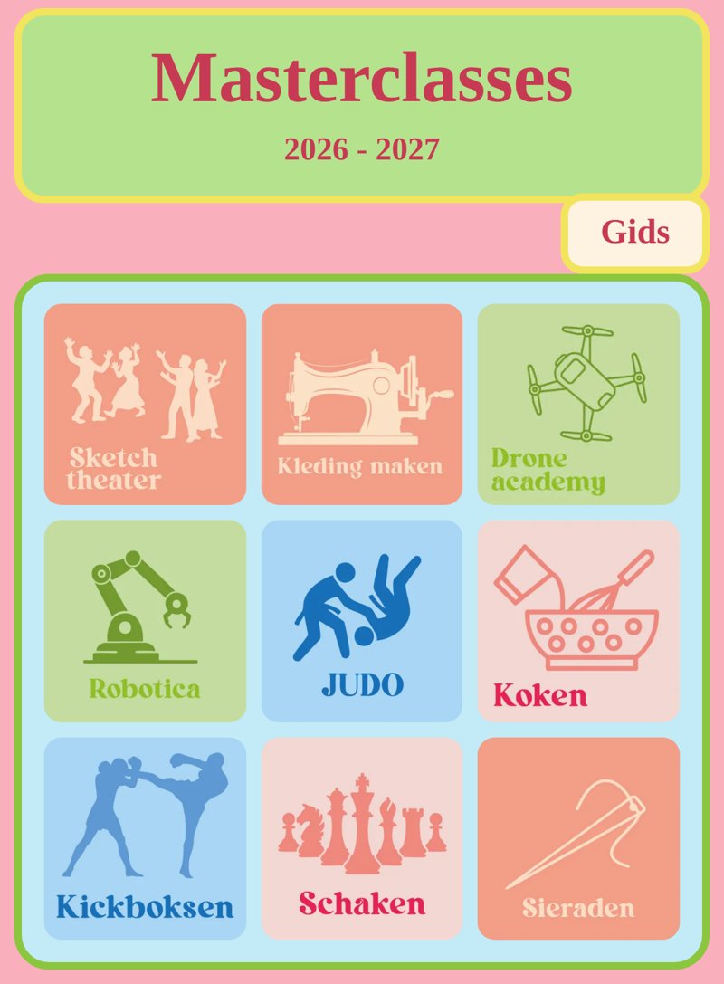 Voorkant van de masterclassgids 2026-2027 met tegels voor onder meer sketch theater, kleding maken, drone academy, robotica, judo, koken, kickboksen, schaken en sieraden