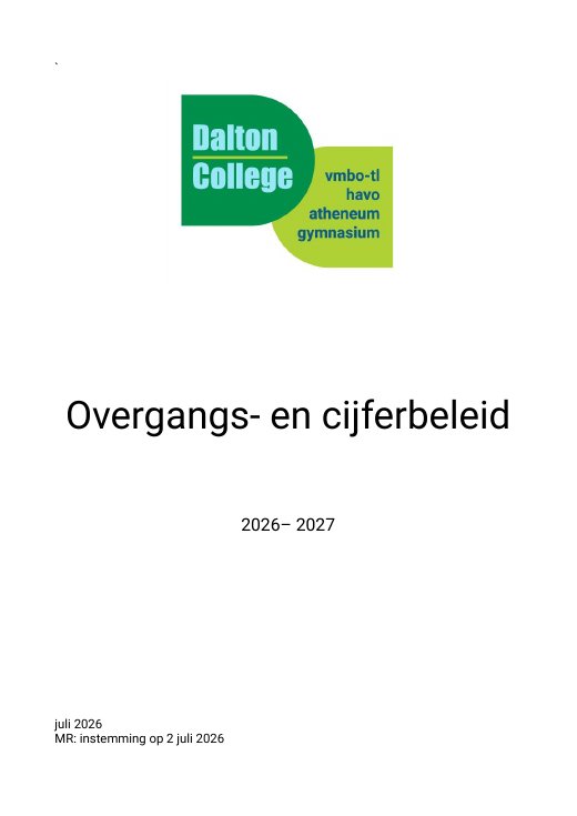 Voorkant van het Overgangs- en cijferbeleid Dalton College 2026-2027