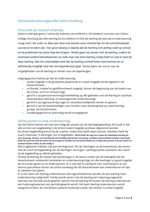 Eerste pagina van het Schoolondersteuningsprofiel Dalton College 2026-2027