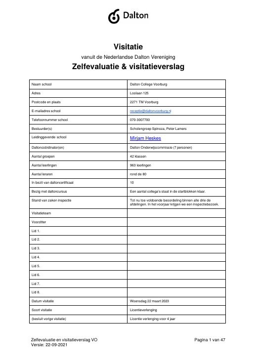 Voorkant van het visitatieverslag van de Nederlandse Dalton Vereniging voor Dalton College Voorburg, maart 2023